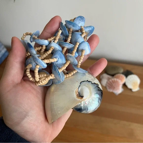 📌SOLD📌Boho Beach White shell pendant with multi-strand blue shell necklace - Picture 9 of 11